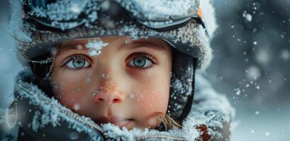 ai generado niño sentado en cama en habitación foto