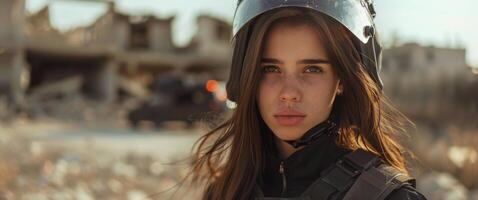 AI generated Woman Wearing Helmet Standing in Front of Building photo