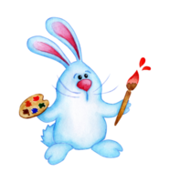 Watercolor illustration of a cute blue Easter bunny with a palette and a brush in his paws. Hare artist drawing for children. Easter, religion, tradition. Isolated. Drawn by hand. png