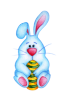 acuarela ilustración de un linda azul Pascua de Resurrección conejito participación un pintado huevo. liebre y huevo dibujo para niños. Pascua de Resurrección, religión, tradición. aislado. dibujado por mano. png