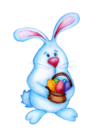 Watercolor illustration of a cute Easter bunny holding a basket of eggs in its paws. Funny cartoon rabbit in blue and with a big nose. Easter, tradition, religion. Isolated png