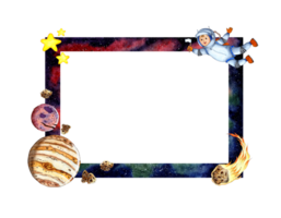 Watercolor illustration of a rectangular frame with space background, astronaut, planets, asteroids, comets and stars on it. Cosmos background with white space for text invitation or template png