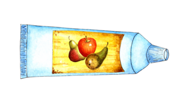 Watercolor illustration of a white tube with a yellow label and an apple and pear on it. Space food, food for astronauts, is in zero gravity. Apple pear in a tube. Isolated. Drawn by hand. png