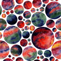 Watercolor space seamless pattern. Abstraction of the planet, stars, night sky. Infinitely repeating patterns of the cosmos. Isolated png