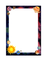 Watercolor illustration Vertical space frame with planets, sun, earth, moon, mars, mercury, pluto, saturn, meteors. Baby frame with blank insert space. Isolated . Drawn by hand. png