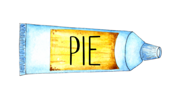 Watercolor illustration of a white tube with a yellow label and pie on it. Space food, food for astronauts, is in zero gravity. Pie in a tube isolated png