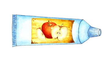 Watercolor illustration of a white tube with a yellow label and an apple on it. Space food, food for astronauts, is in zero gravity. Applesauce in a tube. Isolated. Drawn by hand. png