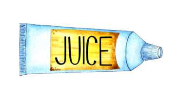 Watercolor illustration of a white tube with a yellow label and the inscription juice on it. Space food, food for astronauts, eat in zero gravity, drinks. Juice in a tube. Isolated. Drawn by hand. png