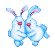 Watercolor illustration of two cute blue Easter bunnies hugging each other. Hares love each other drawing for children. Isolated. Drawn by hand. png