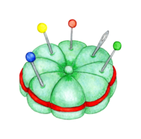 Watercolor illustration of a small green pillow for inserting and storing needles and pins. The pincushion is a tool for tailors, needlewomen and housewives. Isolated. Drawn by hand. png