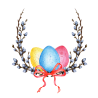 Watercolor illustration of an Easter wreath made of twigs and willow branches with a bow and painted eggs. Decor for the holiday. Religion, tradition, Easter. Isolated png