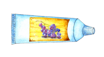 Watercolor illustration of a white tube with a yellow label and grapes on it. Space food, food for astronauts, is in zero gravity. Grapes in a tube. Isolated. Drawn by hand. png