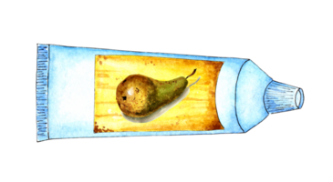 acuarela ilustración de un blanco tubo con un amarillo etiqueta y un Pera en él. espacio alimento, comida para astronautas, es en cero gravedad. Pera en un tubo. aislado. dibujado por mano. png