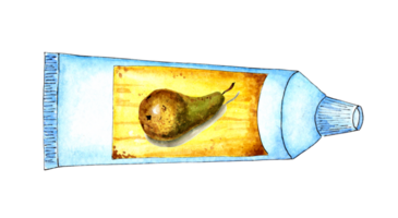 Watercolor illustration of a white tube with a yellow label and a pear on it. Space food, food for astronauts, is in zero gravity. Pear in a tube. Isolated. Drawn by hand. png