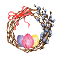 Watercolor illustration of an Easter wreath made of twigs and willow branches with a bow and painted eggs. Decor for the holiday. Religion, tradition, Easter. Isolated . Drawn by hand. png