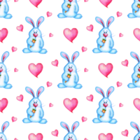 Watercolor illustration of seamless repeating pattern of cute blue bunny with carrot in paw and pink hearts. Cartoon hare baby shower print. Isolated. Drawn by hand. png