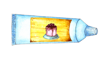 Watercolor illustration of a white tube with a yellow label and an apple and cherry cake on it. Space food, food for astronauts, is in zero gravity. Cherry cake in a tube. Isolated png