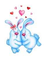 Watercolor illustration two cute blue rabbits are in love with each other. Hares girl and boy hugging drawing for children, Easter or 14 February. Isolated. Drawn by hand. png