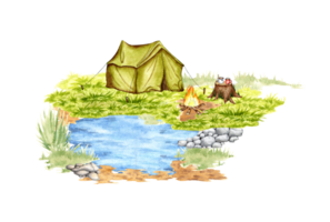 Aquarell Illustration von Camping. Grün Jahrgang Tourist Zelt auf das Ufer von ein Wald See. isoliert. erstellen Design Kompositionen auf das Thema von wandern, Tourismus, draussen Erholung. png