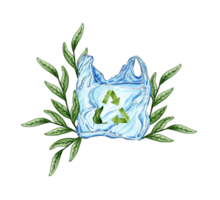 Aquarell Illustration von ein Plastik Tasche mit ein Müll Recycling Zeichen und Grün Sprossen. Verbot Zeichen auf Einweg Cellophan und Plastik Tasche. Verschmutzung Problem Konzept. isoliert png