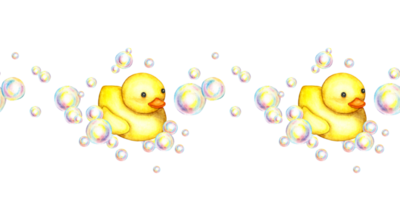 Watercolor illustration of a horizontal pattern of a small yellow carved duck and soap bubbles. Bath time. Pictures for fabric textile children's clothing, wallpaper, wrapping paper, packaging, design png
