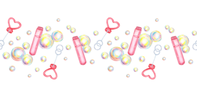 Watercolor illustration horizontal pattern of soap bubbles, pink bottle and wand with heart-shaped cap. Summer toy symbol, bath time, carnival, bubble party. Isolated, hand drawn. png