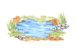 Watercolor illustration of an azure lake with light waves and ripples on the water, in a forest clearing. Surface of the water. Element of a natural scene the shore of a lake, pond. Isolated png