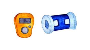 aguarela ilustração do azul e laranja tricô ferramentas. linha contador. dispositivo para armazenando, contando linhas e pontos. tricô, bordado, ferramentas. isolado . desenhado de mão. png