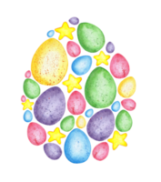 Watercolor illustration of a pattern in the shape of an Easter egg filled with small elements of an egg and a star. Religion, tradition, Easter. Festive design element. Isolated . Drawn by hand. png