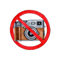 Watercolor illustration of a retro camera in a red prohibition circle. Prohibition of photography and video recording. Camera logos are prohibited. Isolated. Composition for design, banner, web, png