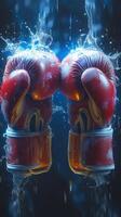 ai generado ver boxeo guantes con un chapoteo de agua en un oscuro antecedentes vertical móvil fondo de pantalla foto