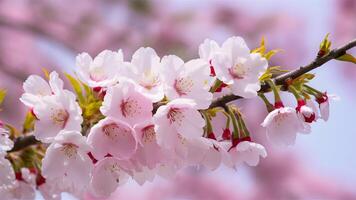 AI generated Branch of Japanese cherry blossom isolated against white background photo
