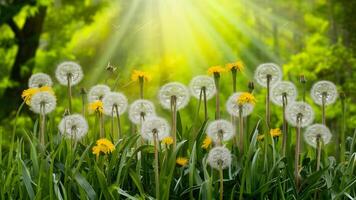 ai generado foto de stock primavera antecedentes con diente de león en contra lozano verdor fondo