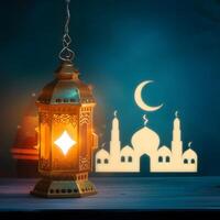 AI generated Islamic lantern shines with mosque blur, symbolizing Eid celebrations For Social Media Post Size photo