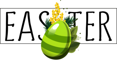 Spring green egg with the text Easter and with green leaves and mimosa on white background. Illustration in flat style. clipart for design of card, banner, flyer, sale, poster png