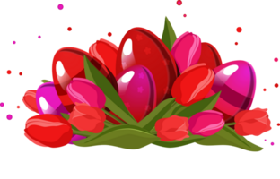 rot Rosa Ostern gestreift Eier mit Tulpen auf Weiß Hintergrund. Illustration im eben Stil. Frühling Vektor Clip Art zum Design von Karte, Banner, Flyer, Verkauf, Poster, Symbole png