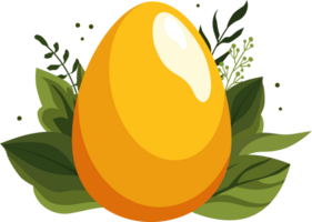 Yellow Easter egg with green leaves and branches on background. Illustration in flat style. Clipart for design of card, banner, flyer, sale, poster, icons png