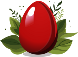 Red Easter egg with green leaves and branches on background. Illustration in flat style. Clipart for design of card, banner, flyer, sale, poster, icons png