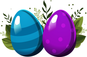 Blue violet Easter striped egg and egg with polka dots with green leaves and branches on background. Illustration in flat style. Clipart for design of card, banner, flyer, sale, poster, icons png
