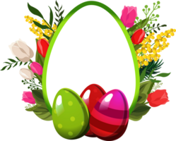 Easter egg frame with red and green eggs and with leaves, mimosa and tulips on background. Illustration in flat style. Spring clipart for words, text, design of card, banner, flyer, sale, poster png