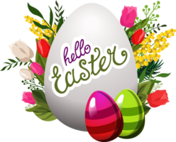 white egg frame with text Hello Easter and with green leaves, mimosa and tulips on background. Illustration in flat style with red and green eggs. Spring clipart for design of card, banner, flyer png