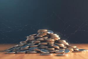 AI generated Financial insight Pile of coins, businessman hand, bar graph backdrop photo