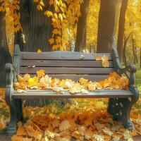 AI generated A brown wooden bench covered in yellow autumn leaves in park For Social Media Post Size photo