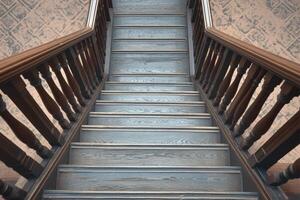 ai generado marrón escalera desciende con intrincado barandillas en suave natural ligero foto