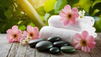 AI generated Front view of spa massage stones, towels, pink flowers photo