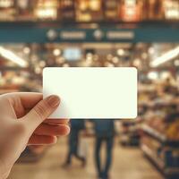ai generado ver cerca arriba mano extiende un blanco crédito tarjeta a tienda de comestibles Entrada para social medios de comunicación enviar Talla foto