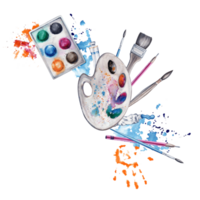 Paint and brushes composition with artist pallete, handprint and colorful splatter. Watercolor illustration on transparent  background. Artistic design for art classes, stores, flyers, lessons, card png