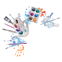 Paint and brushes composition with artist pallete, handprint and colorful splatter. Watercolor illustration on transparent background. Artistic design for art classes, stores, flyers, lessons, card png