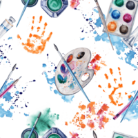 Paint and brushes seamless pattern with artist pallete, handprints and colorful splatter. Watercolor illustration on transparent background. Artistic surface design for wallpaper, cover pages, card png