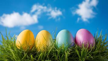 AI generated Easter eggs nestled in grass under a vibrant blue sky photo